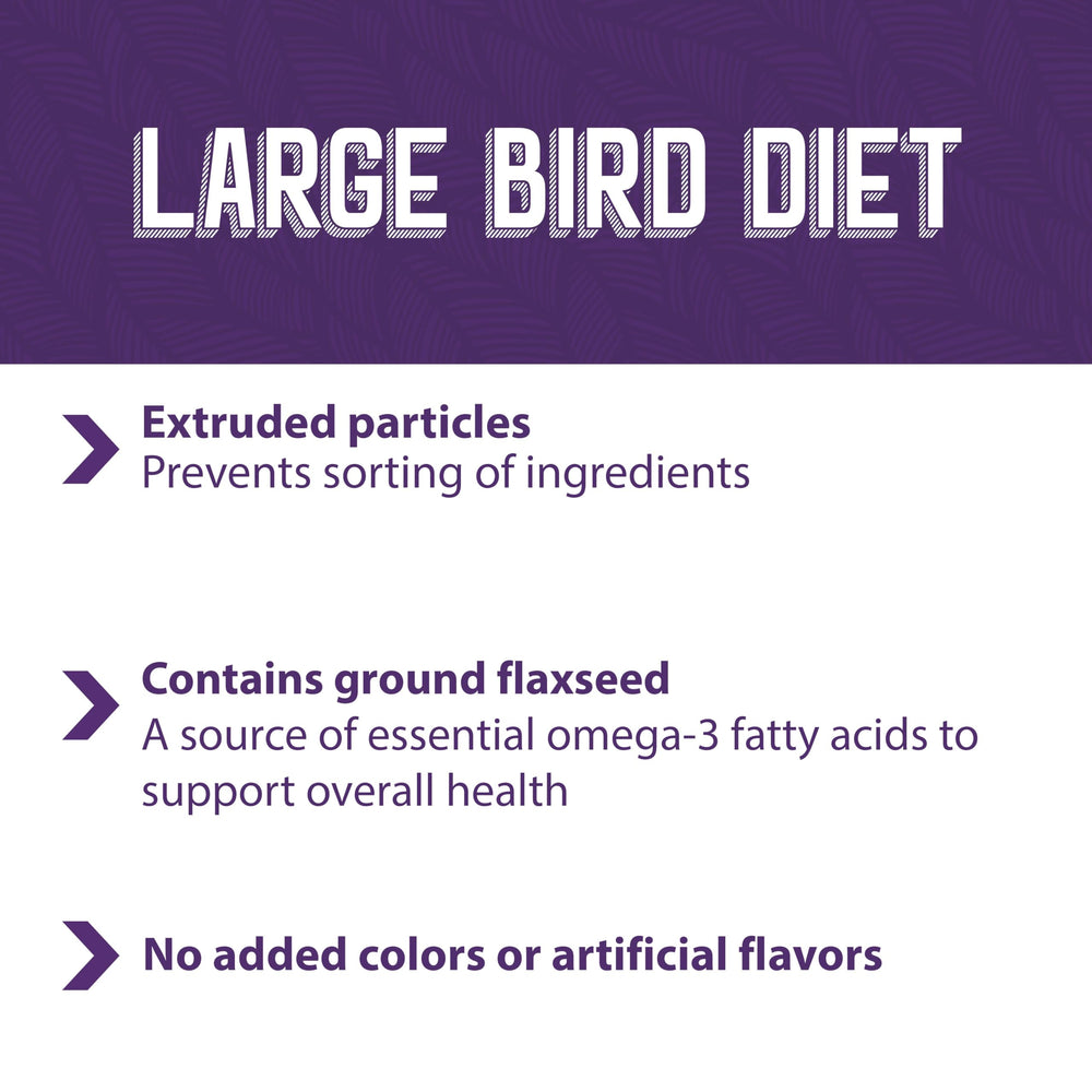 Mazuri rico en omega-3, posible apoyo para la salud general de aves grandes.
