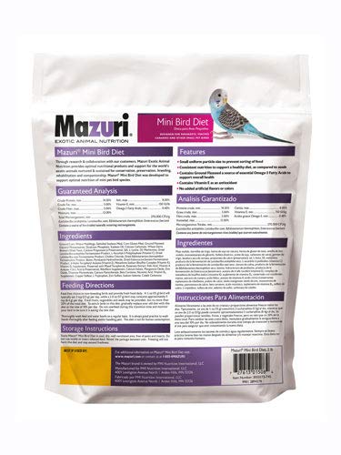 Mazuri alimento completo para minis aves, etiqueta visible, ideal para mantener una dieta equilibrada.