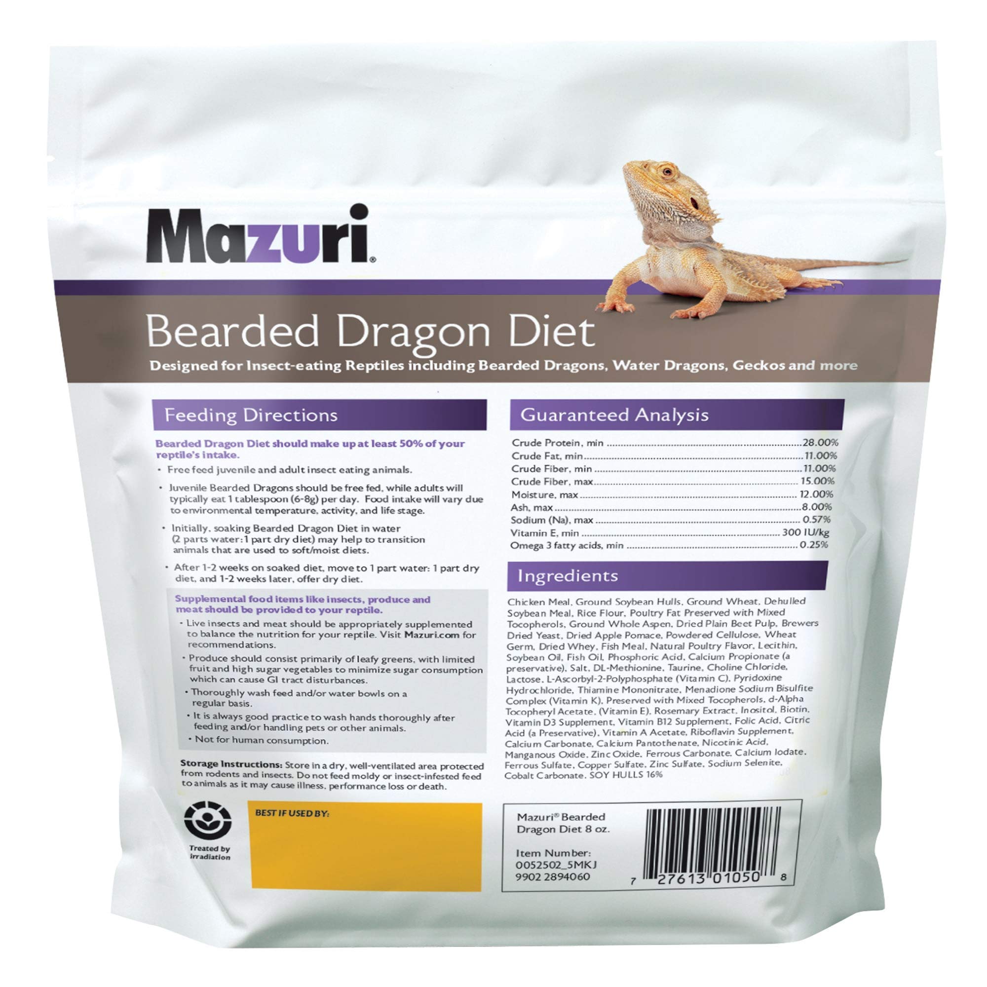 Mazuri, granulos nutritivos para dragón barbudo, apoyando una dieta insectívora completa.