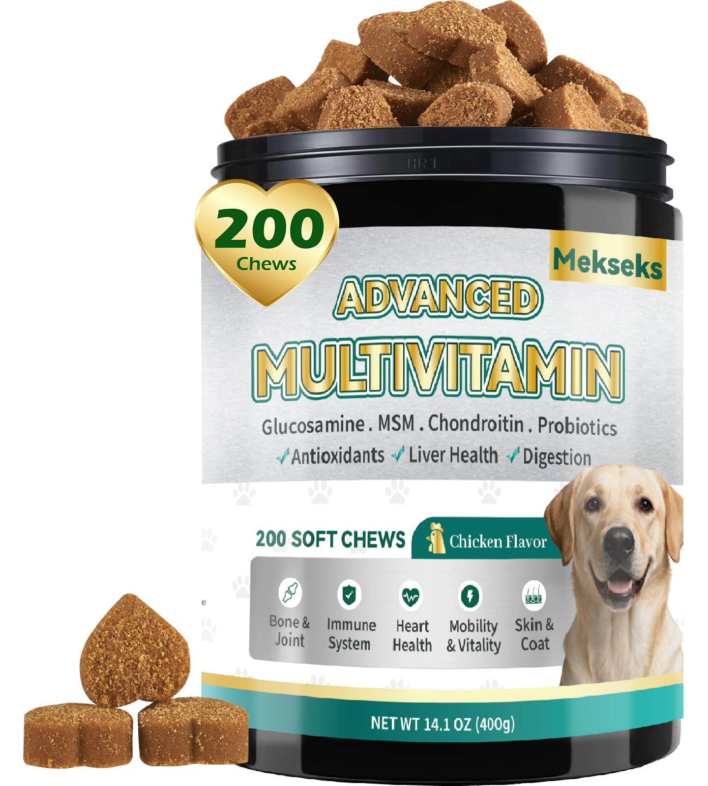 Mekseks masticables perros 24-en-1, envase de 200 unidades para apoyo diario de articulaciones y piel.