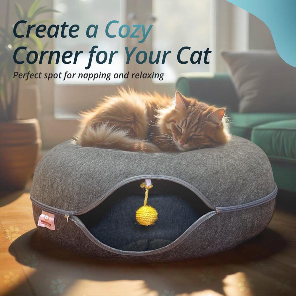 Meow Mates cama-túnel ofrece espacio para gatos grandes y juego seguro.