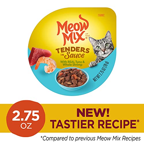 Meow Mix atún y camarones en salsa, sabor irresistible para gatos.