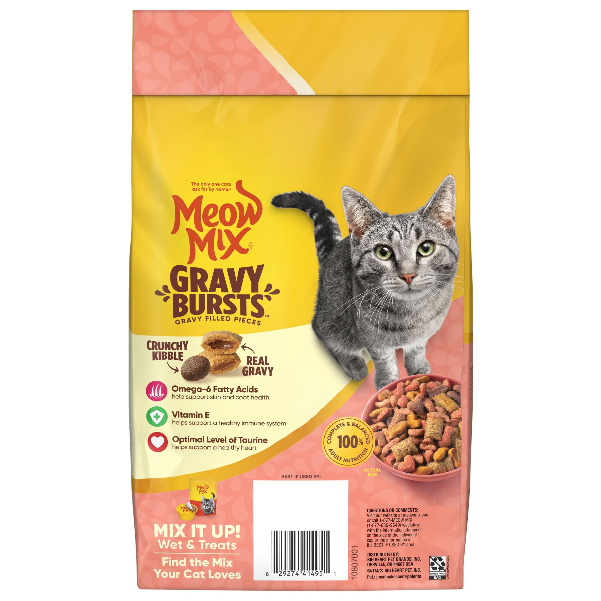 Meow Mix Burbujeos Caldo, primer plano de textura crujiente y jugosa.