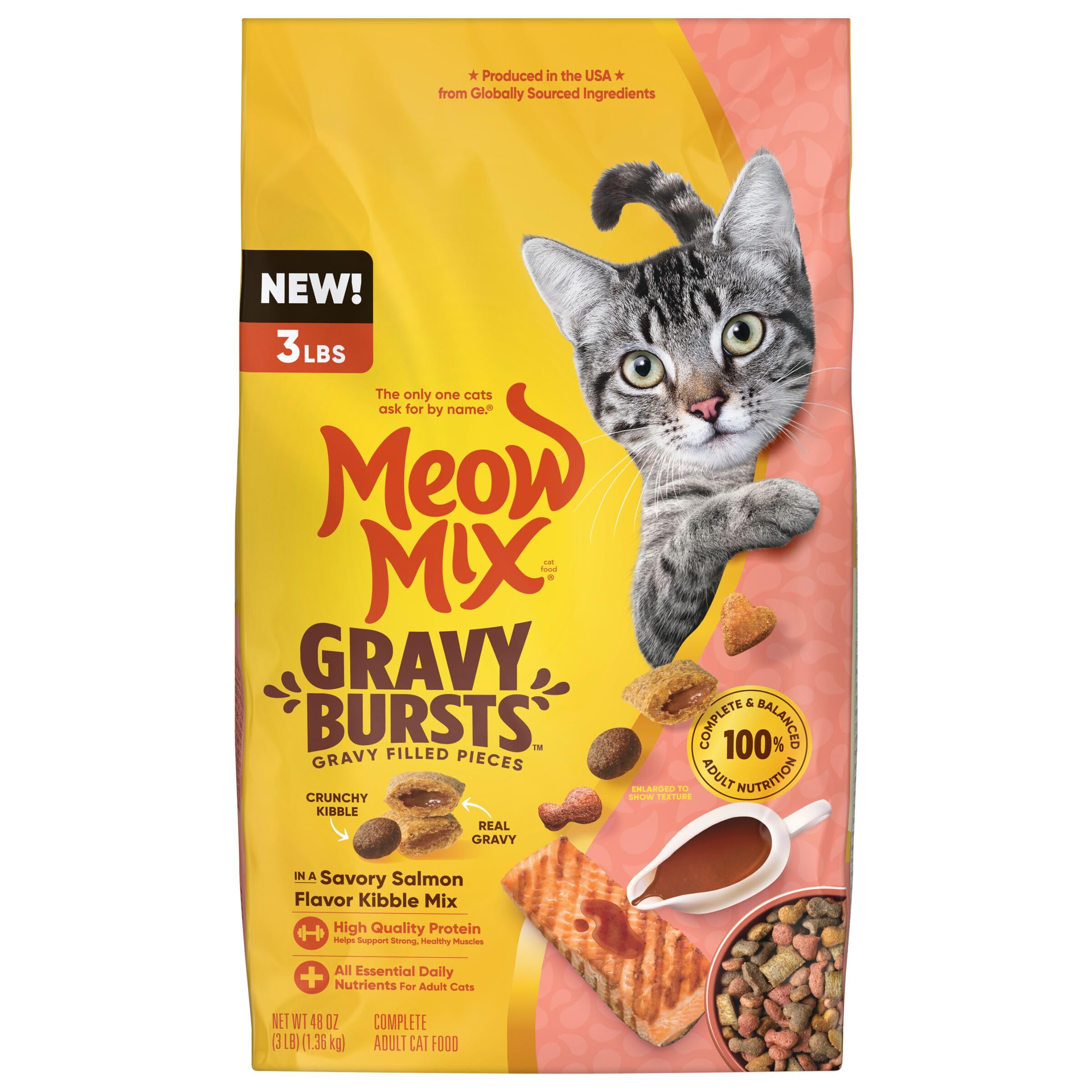 Meow Mix Burbujeos Caldo, empaque frontal, sabor atractivo para gatos adultos.