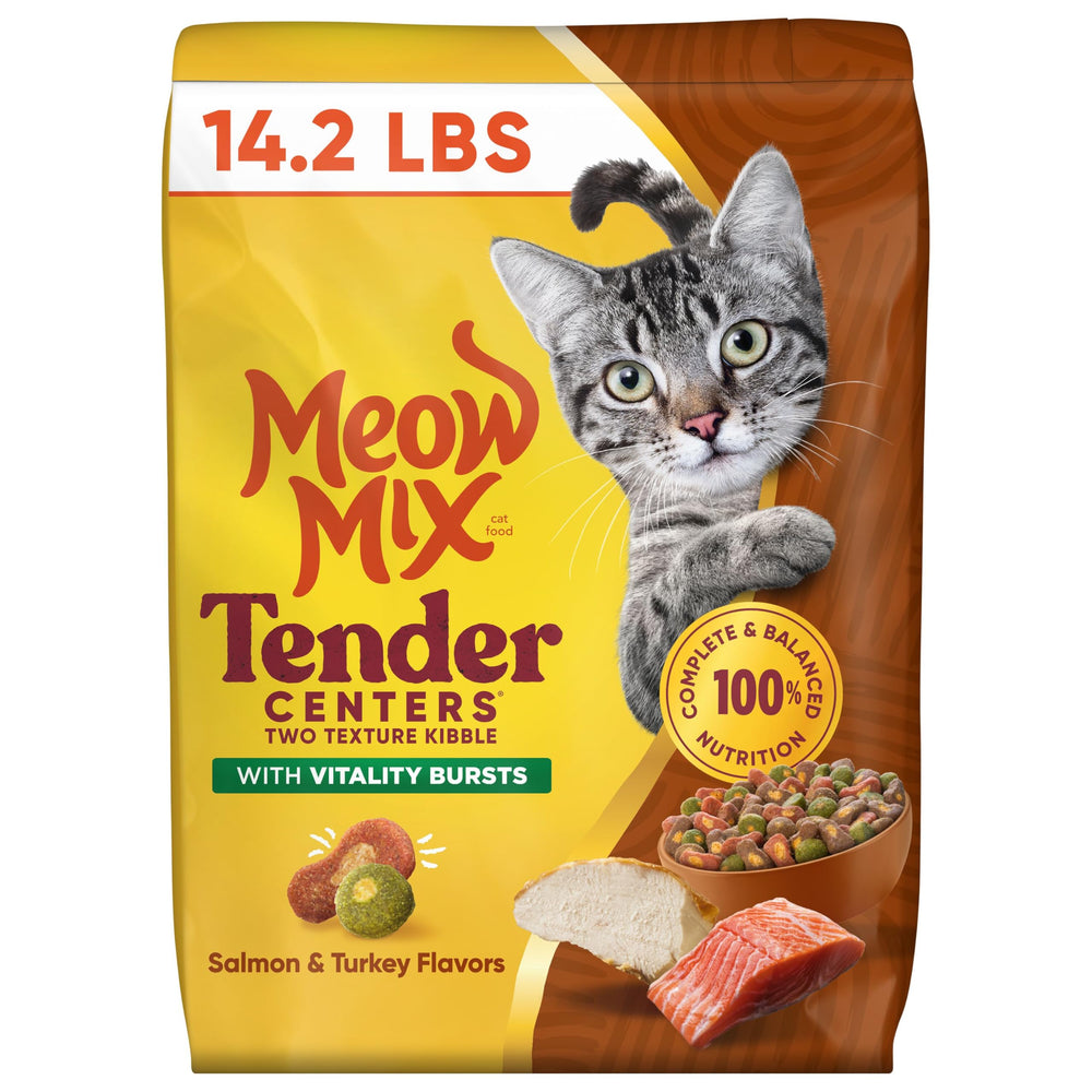 Meow Mix Centros Tiernos con Estallidos de Vitalidad, sabor salmón y pavo.