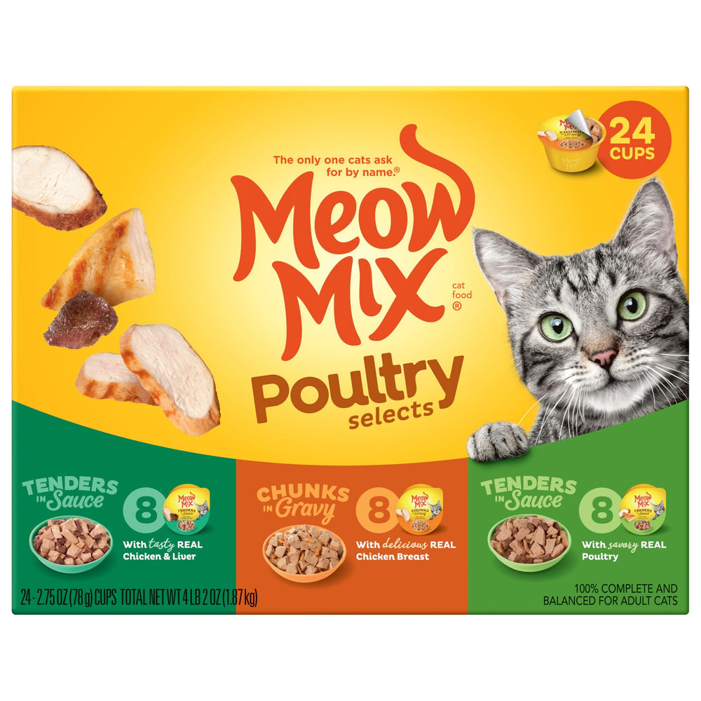 Meow Mix Copas de 2,75 oz, porciones cómodas para cada comida.