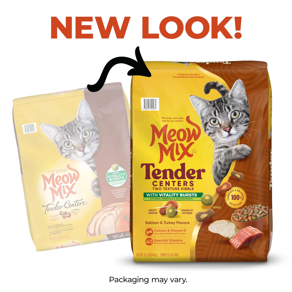 Meow Mix croquetas de doble textura con centro carnoso.