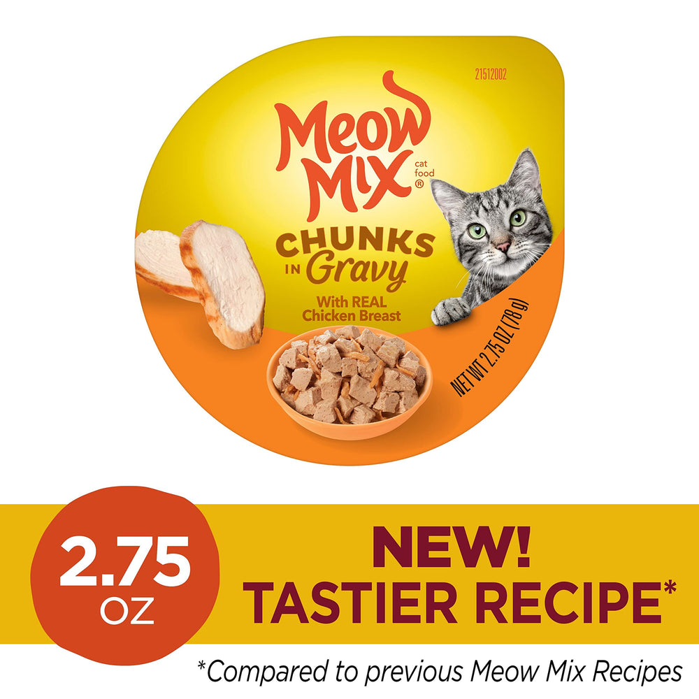 Meow Mix salsa dorada en trozos de pollo, apetitoso.