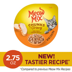 Meow Mix salsa dorada en trozos de pollo, apetitoso.