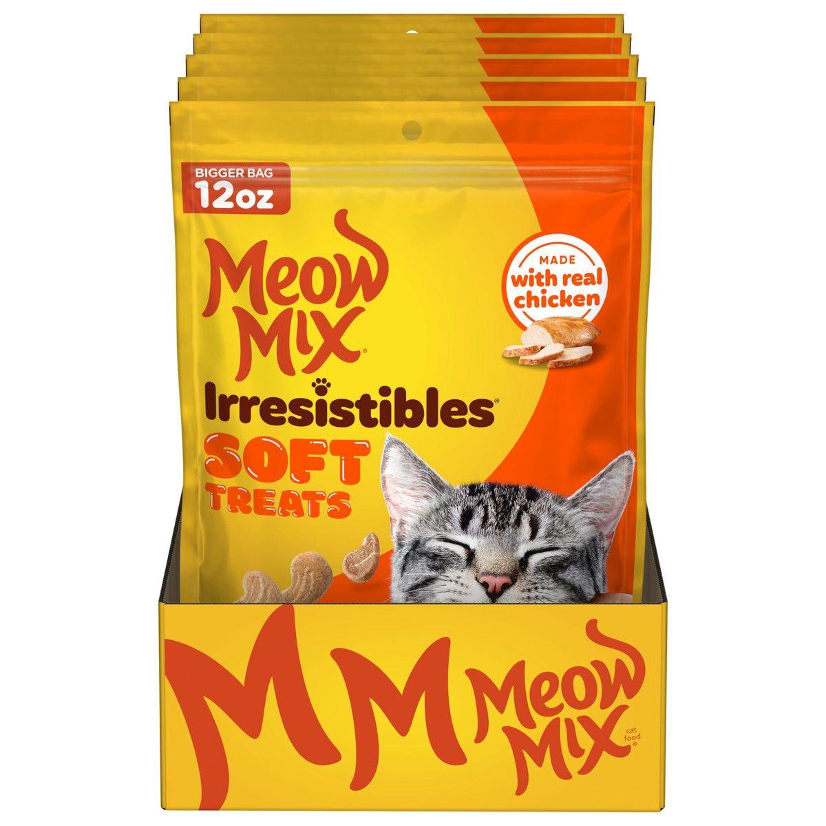 Meow Mix Irresistibles, bolsa con cierre reutilizable para conservar la frescura.