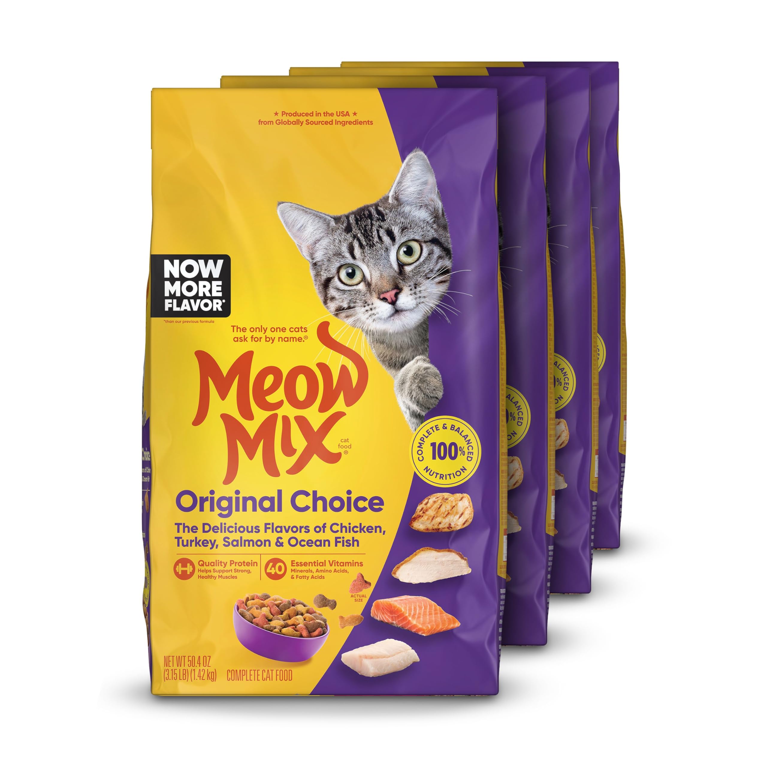 Meow Mix Original Choice, cuatro bolsas de comida seca para gatos, ideal para alimentación diaria.