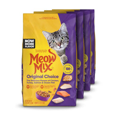 Meow Mix Original Choice, cuatro bolsas de comida seca para gatos, ideal para alimentación diaria.
