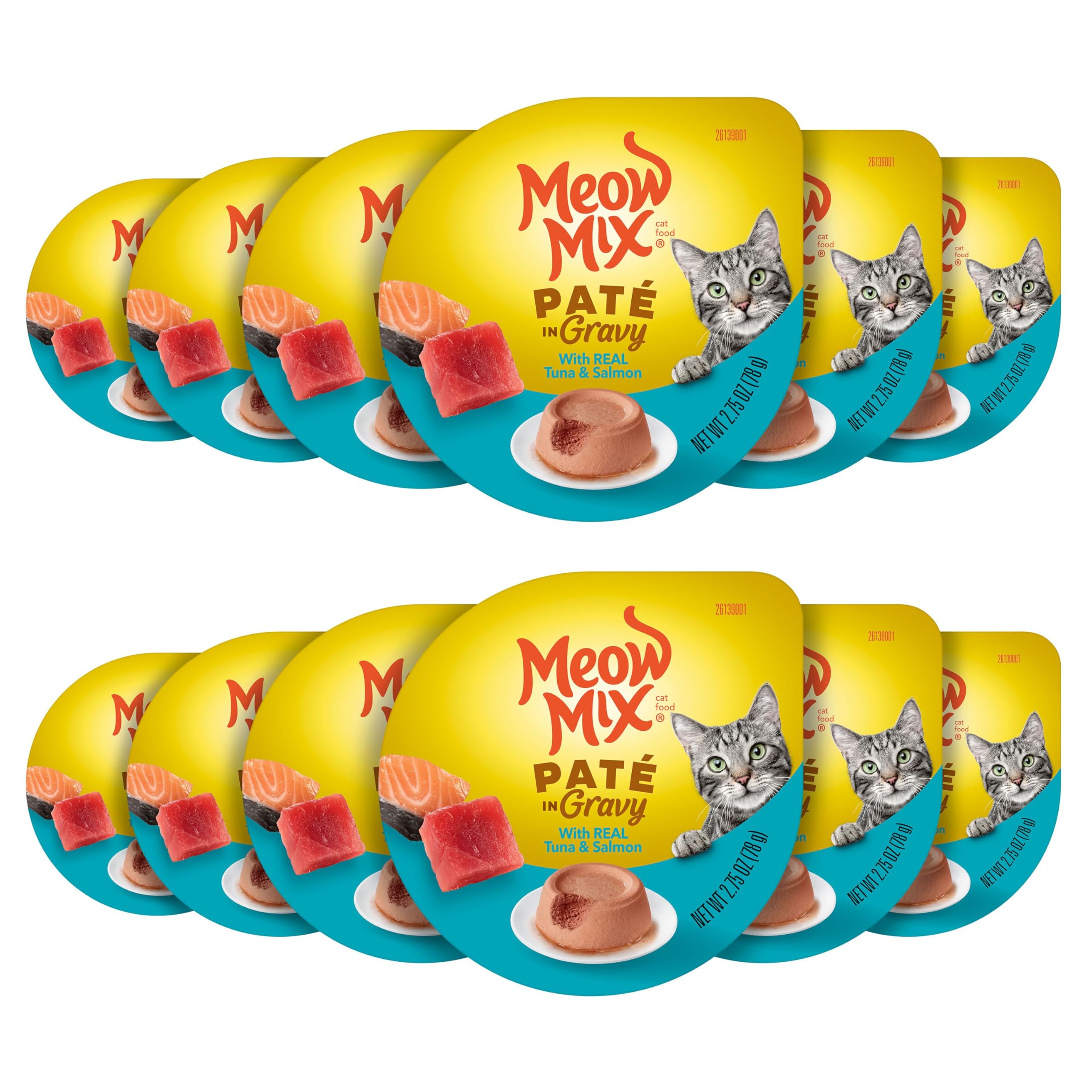 Meow Mix Paté en Gravy con atún y salmón, porciones listas para servir