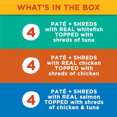 Meow Mix Paté y Trozos con pollo, trozos tiernos para gatos activos