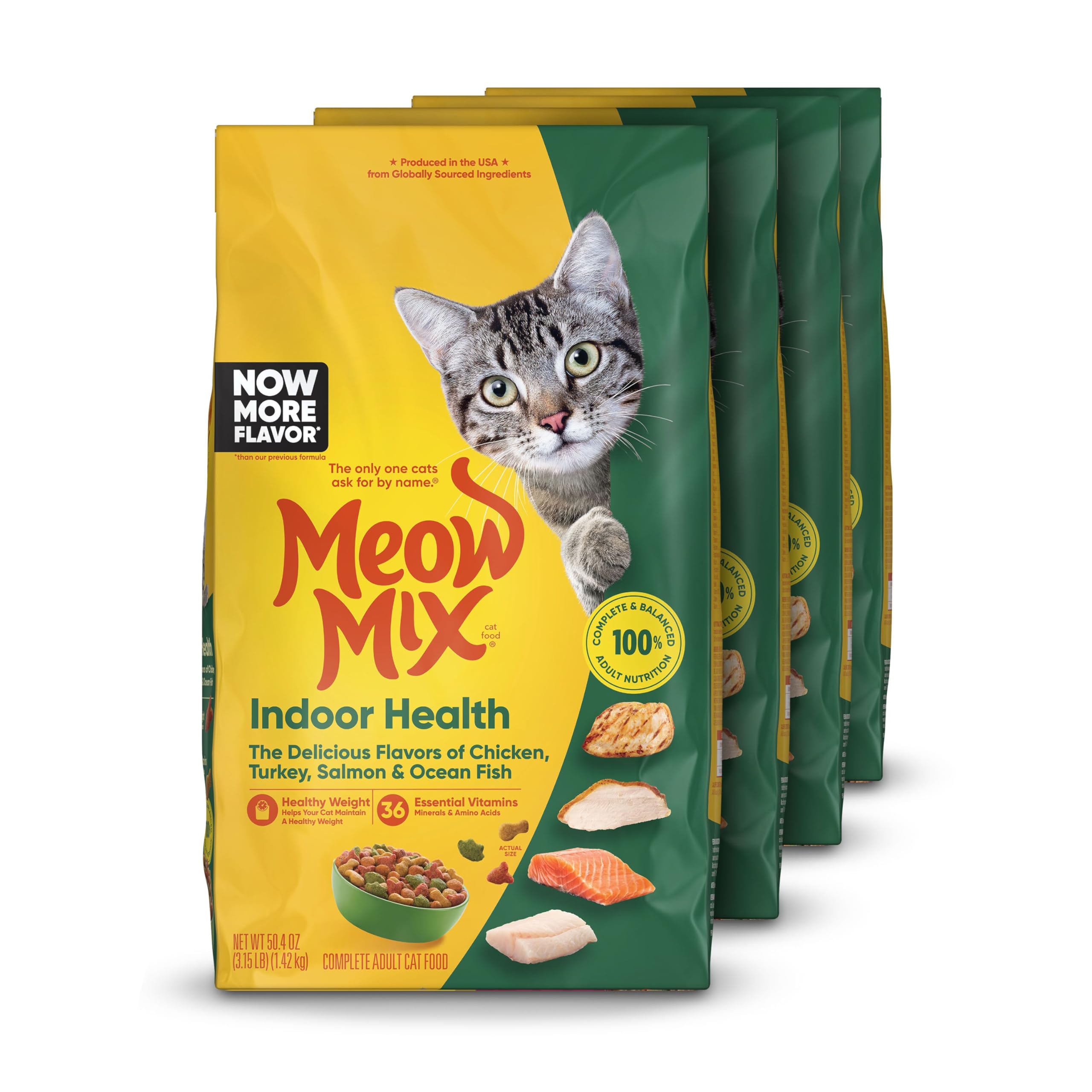 Meow Mix Indoor Health: caja con cuatro bolsas para gatos adultos de interior.