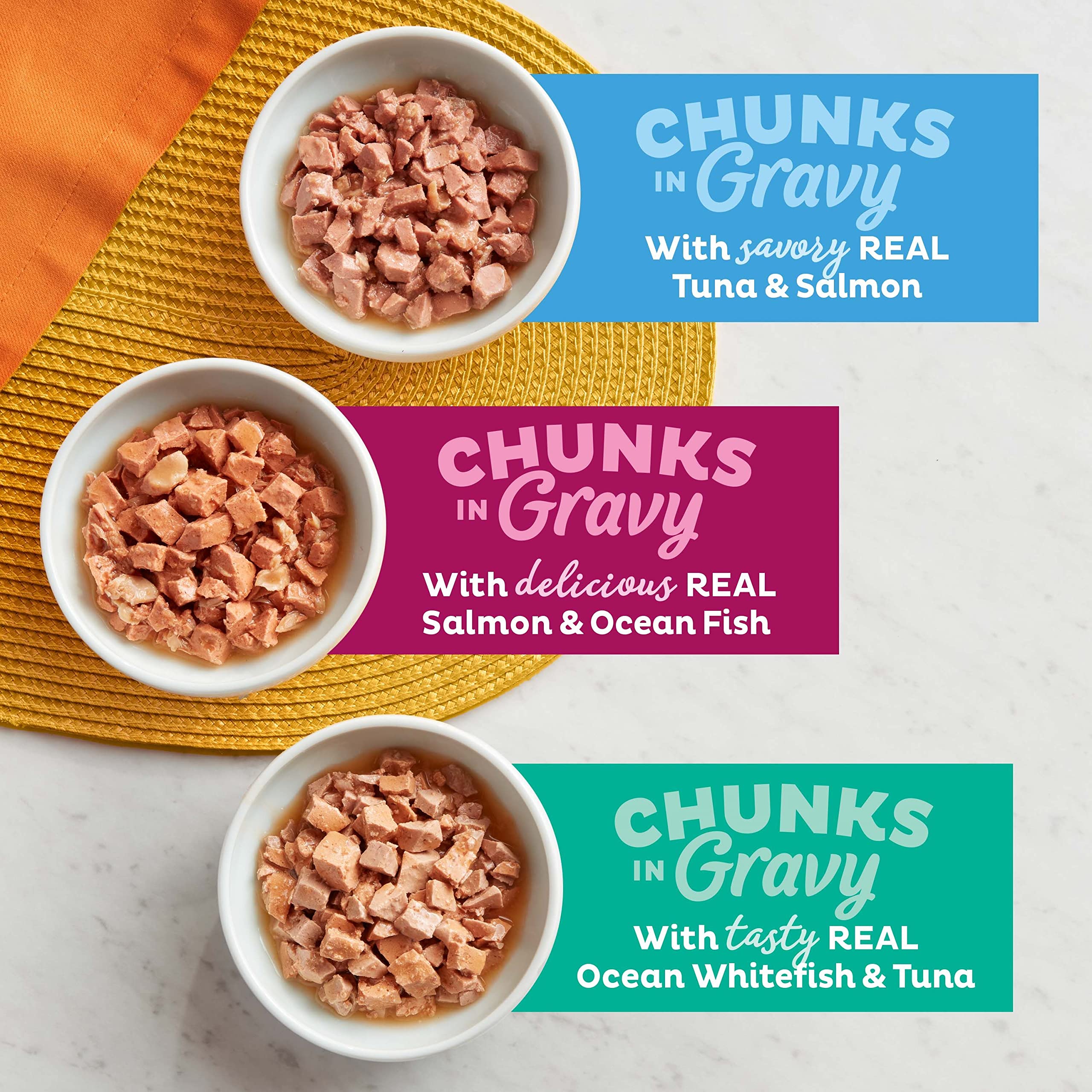 Meow Mix Seafood Favorites atún y salmón en gravy para gatos