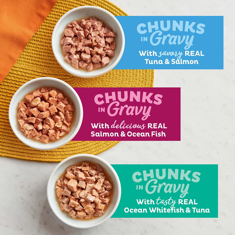 Meow Mix Seafood Favorites atún y salmón en gravy para gatos