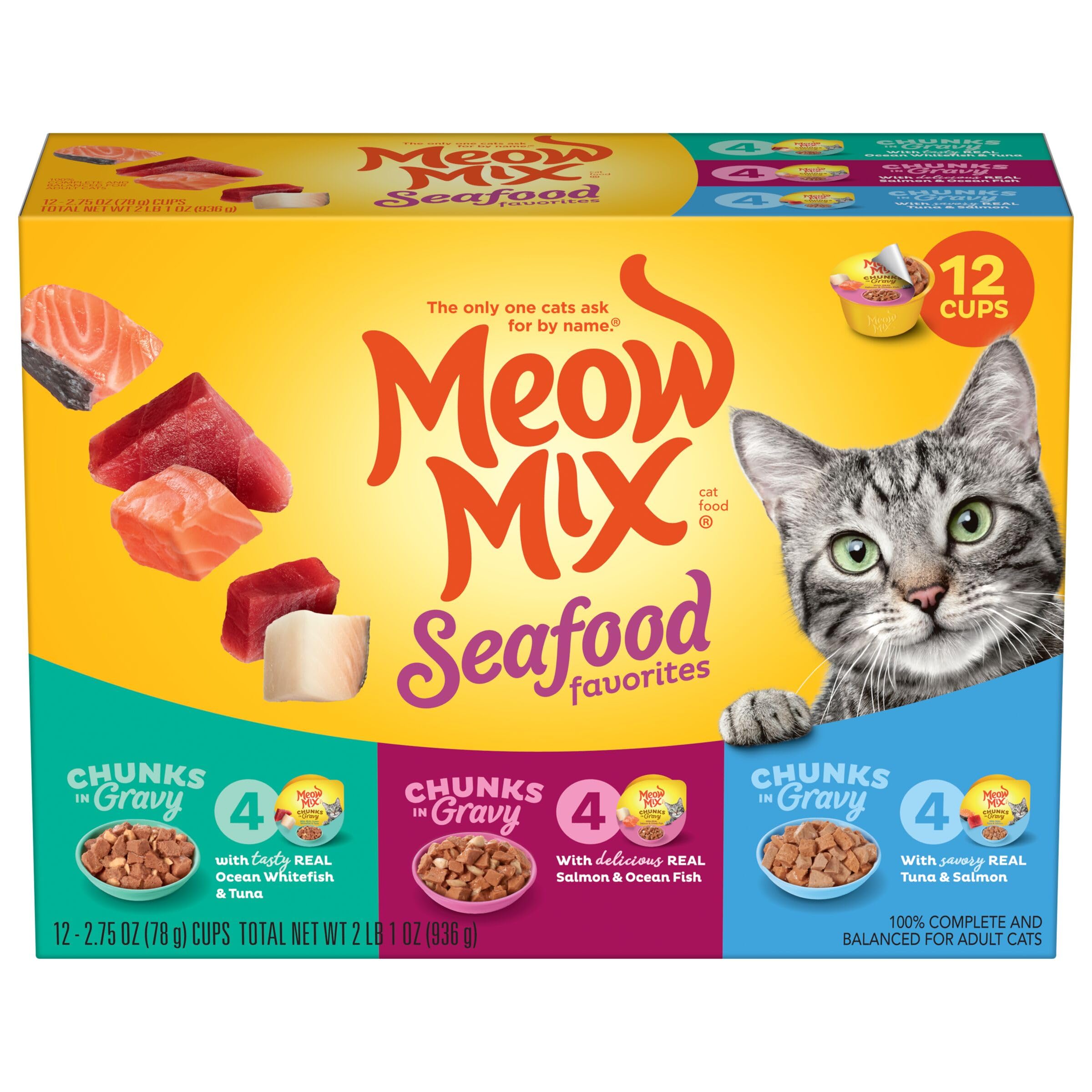 Meow Mix Seafood Favorites trozos en gravy pack 12 cups, práctico para cada comida