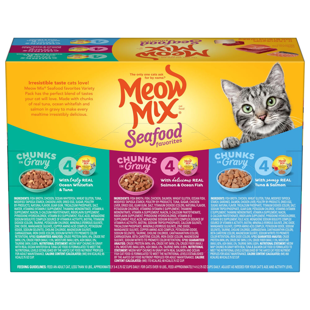 Meow Mix Seafood Favorites variedad de sabores para gatos curiosos
