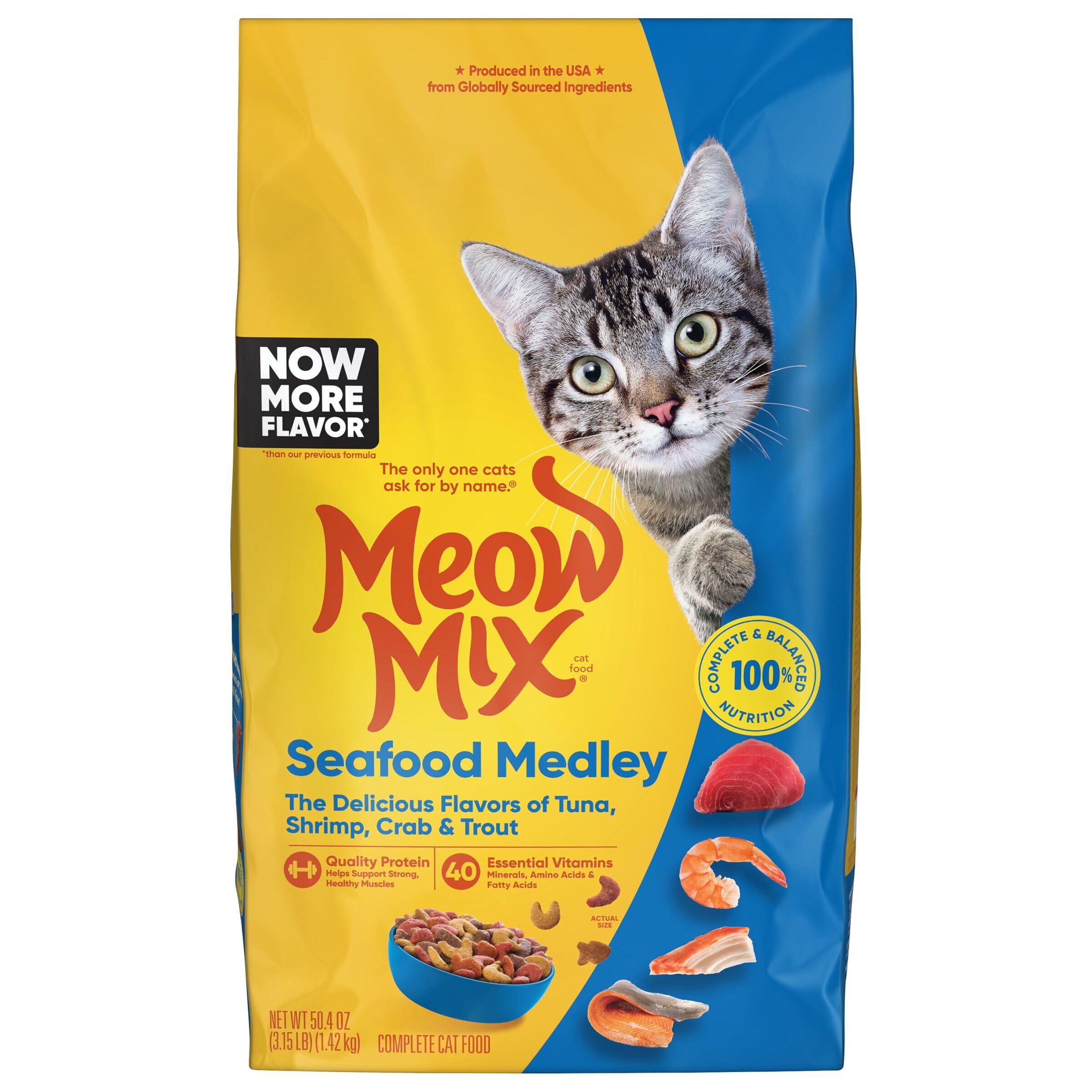 Meow Mix Seafood Medley, bolsa de alimento seco para gatos, sabor marino para pelaje saludable.