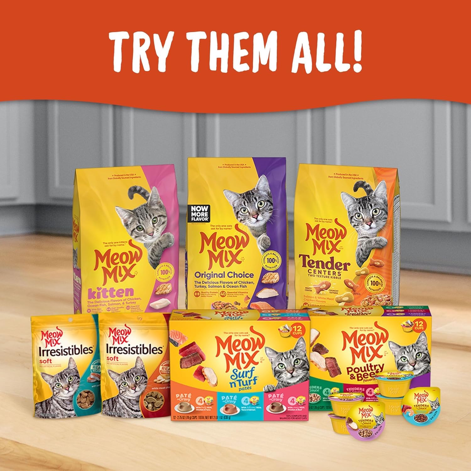 Meow Mix Seafood Medley, etiqueta de ingredientes con sabores marinos.
