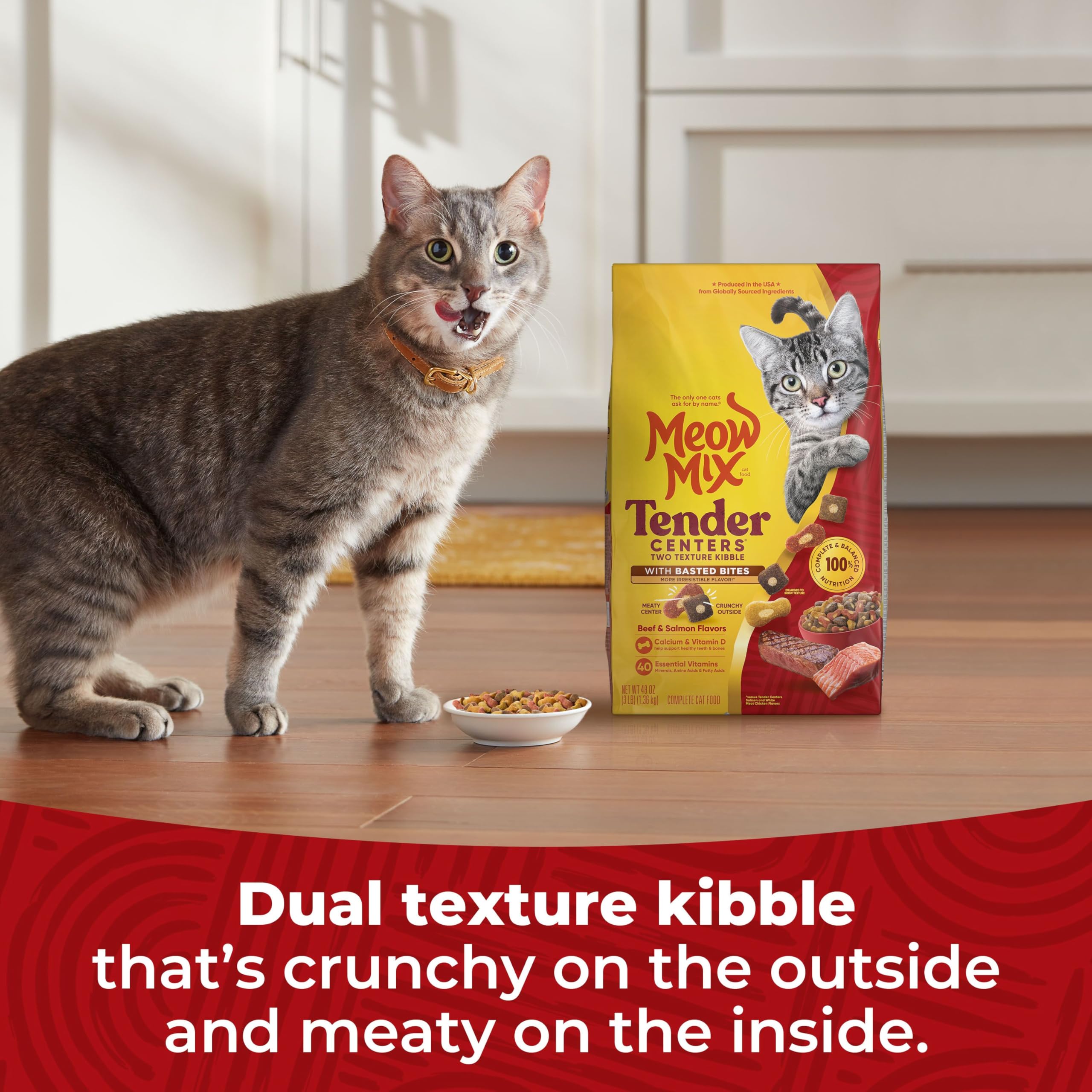 Meow Mix Tender Centers con Basted Bites, componentes sabor a res y salmón.