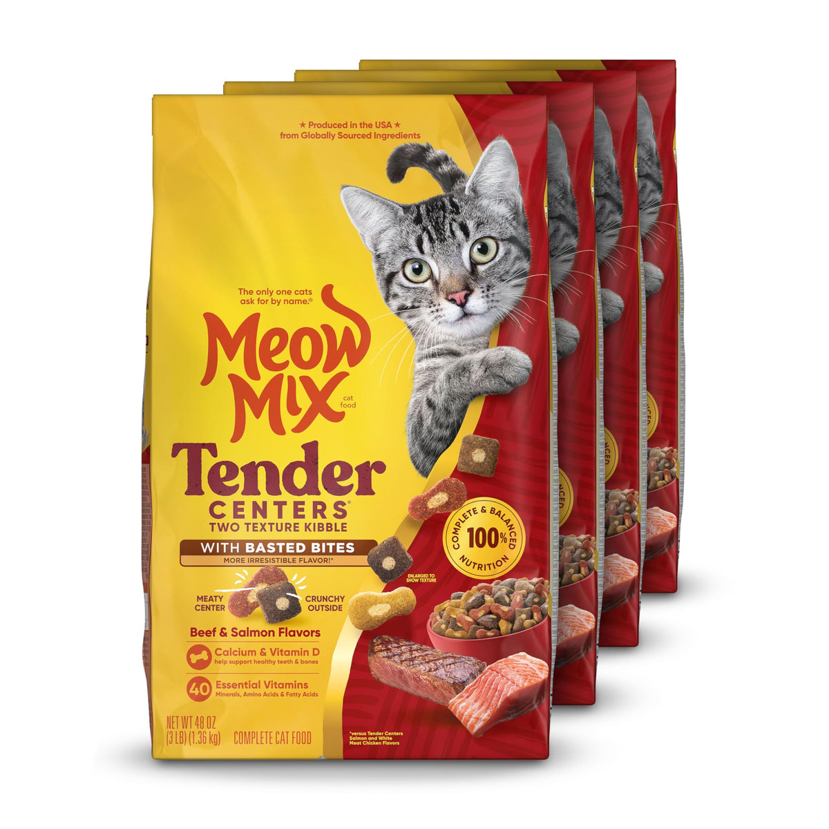 Meow Mix Tender Centers con Basted Bites, bolsa frontal para alimentación diaria.