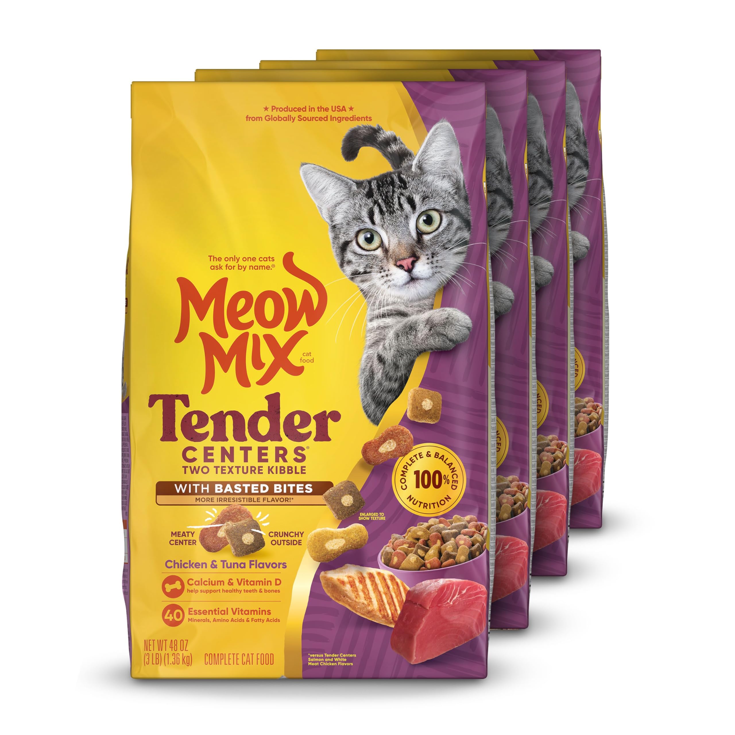 Meow Mix Tender Centers con Basted Bites en empaque de cuatro bolsas, conveniente para alimentar.