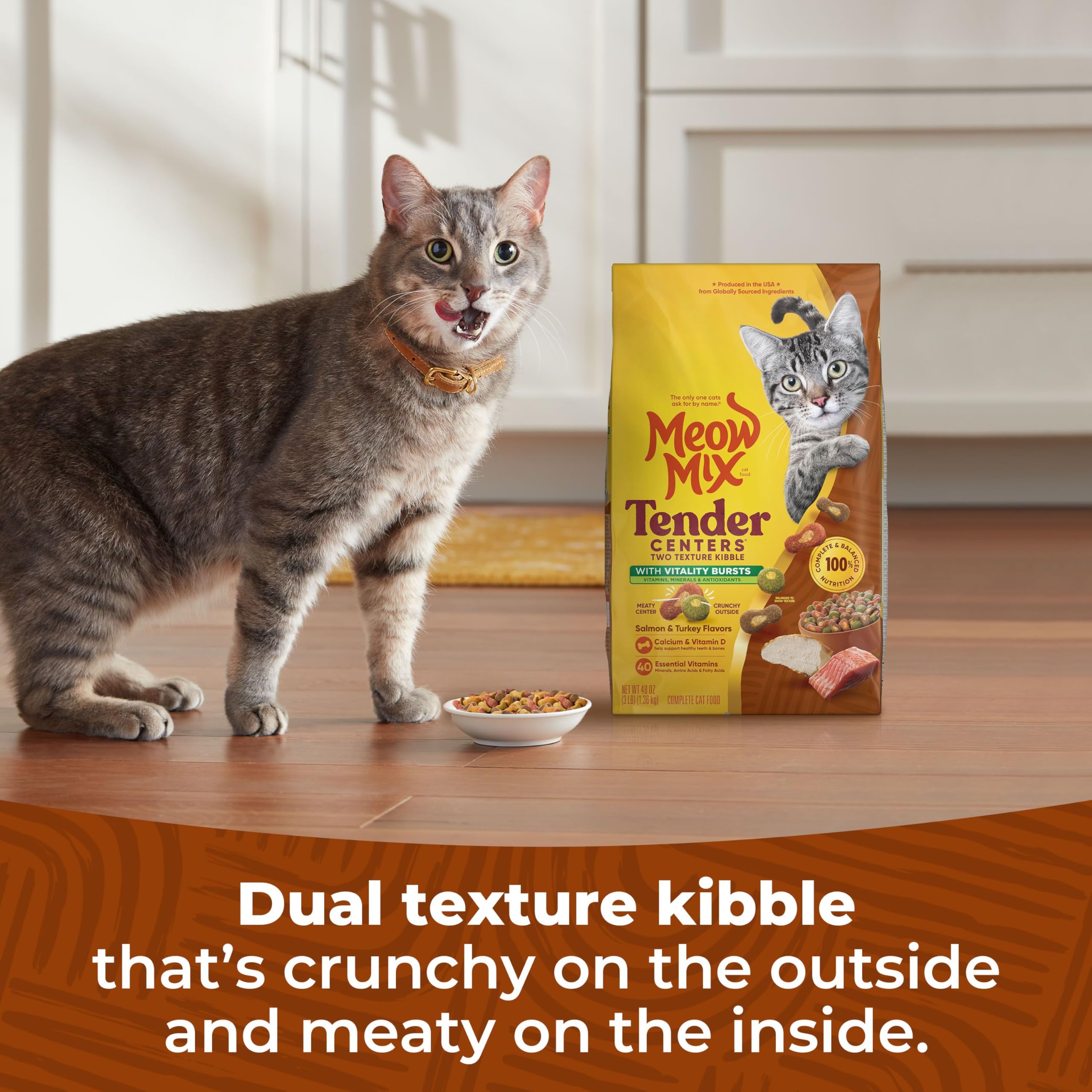 Meow Mix Tender Centers pavo exterior crujiente para textura agradable.