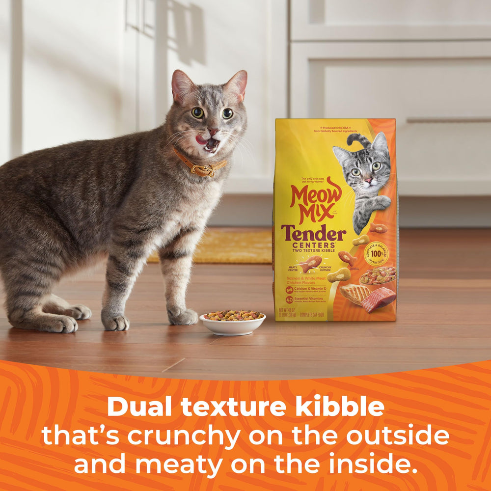 Meow Mix Tender Centers sabor pollo blanco, croqueta de doble textura.
