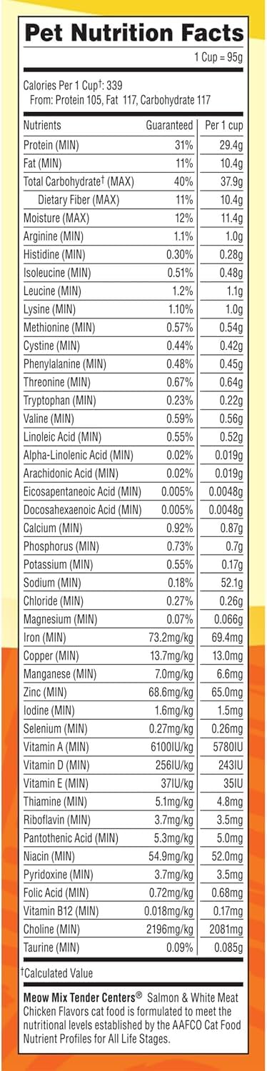 Meow Mix Tender Centers producido en Estados Unidos con ingredientes de origen global.
