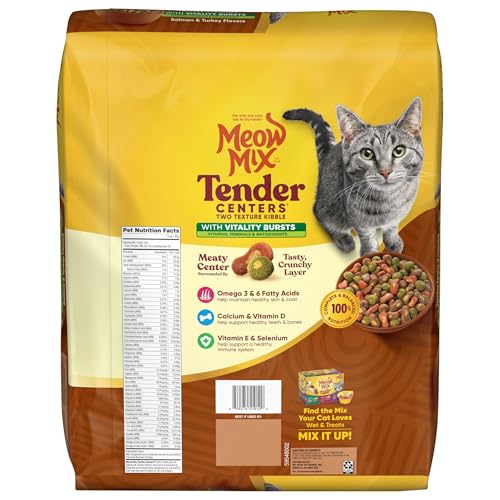 Meow Mix Tender Centers salmón exterior crujiente para snack diario.