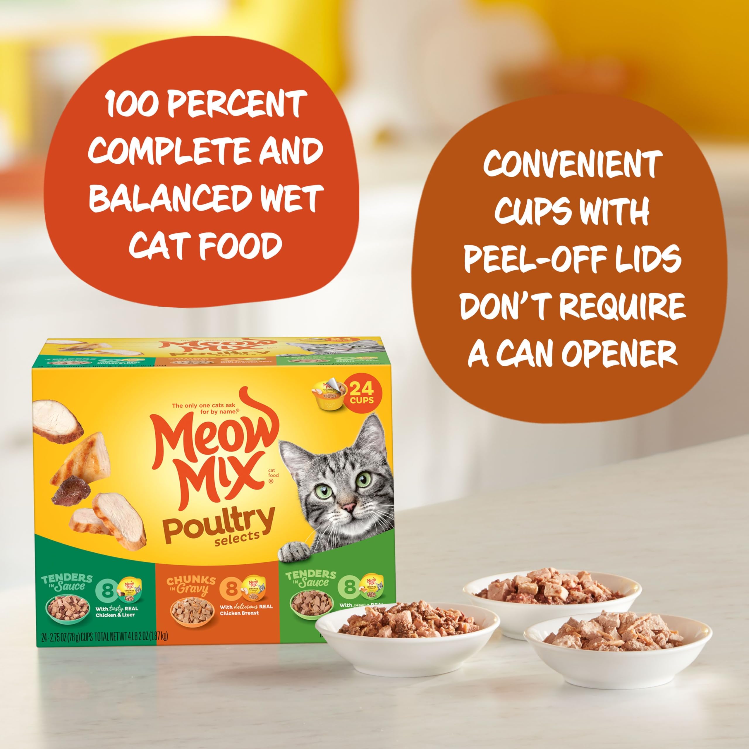 Meow Mix Tenders en salsa con pollo y hígado, ofrece sabor y variedad.