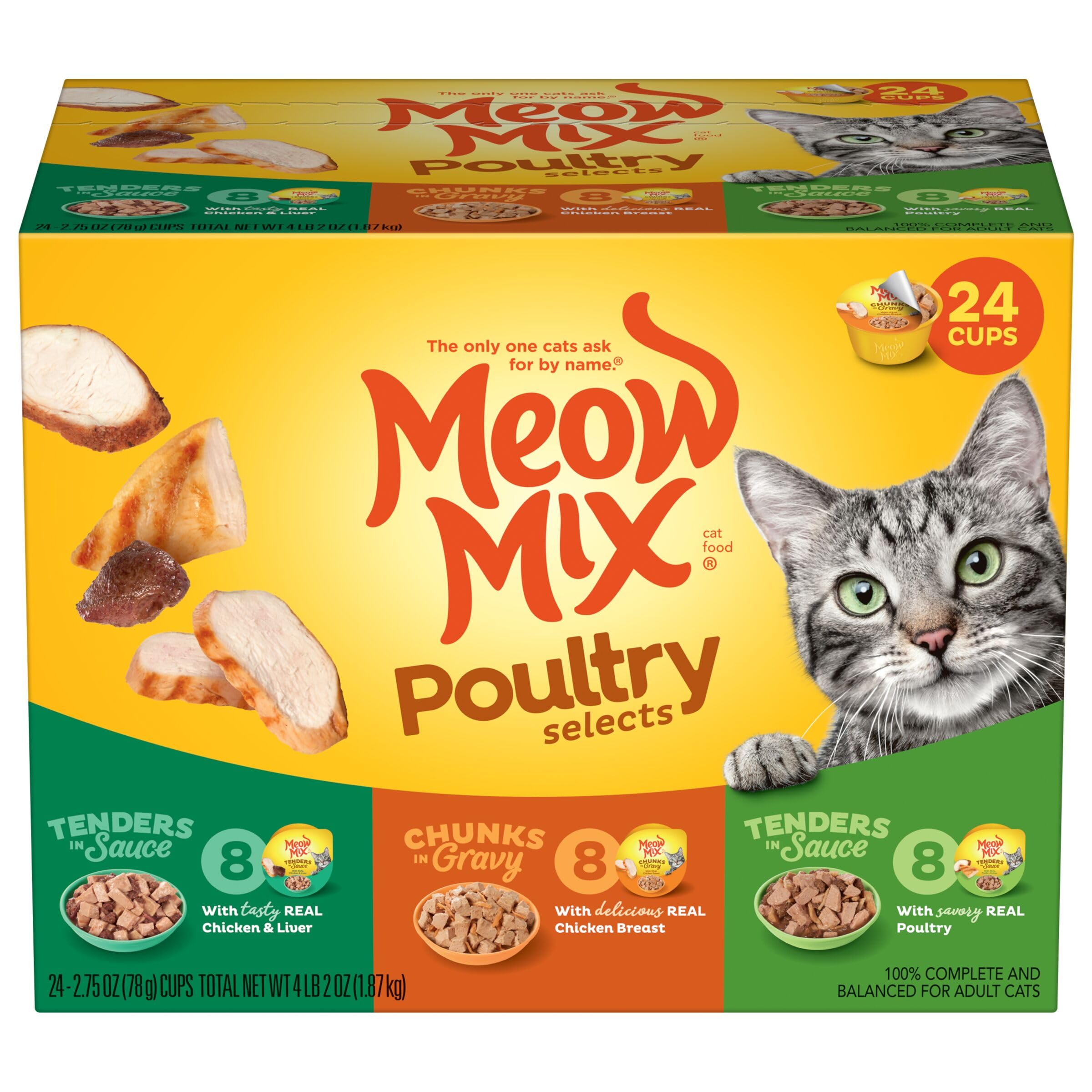 Meow Mix Tenders en salsa con pollo, ideal para la hora de la comida diaria.