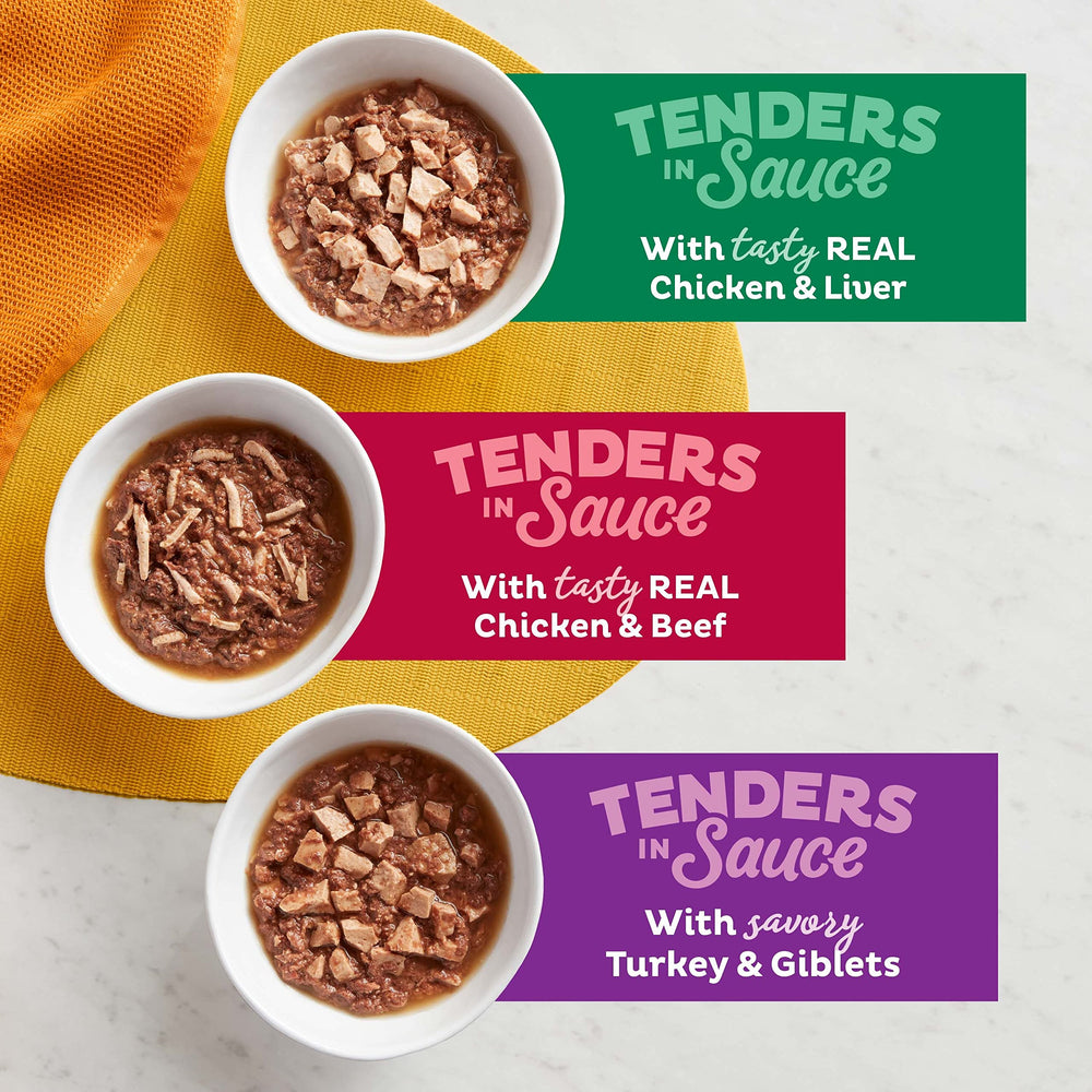 Meow Mix Tenders pavo y gibletes en salsa, variedad atractiva.
