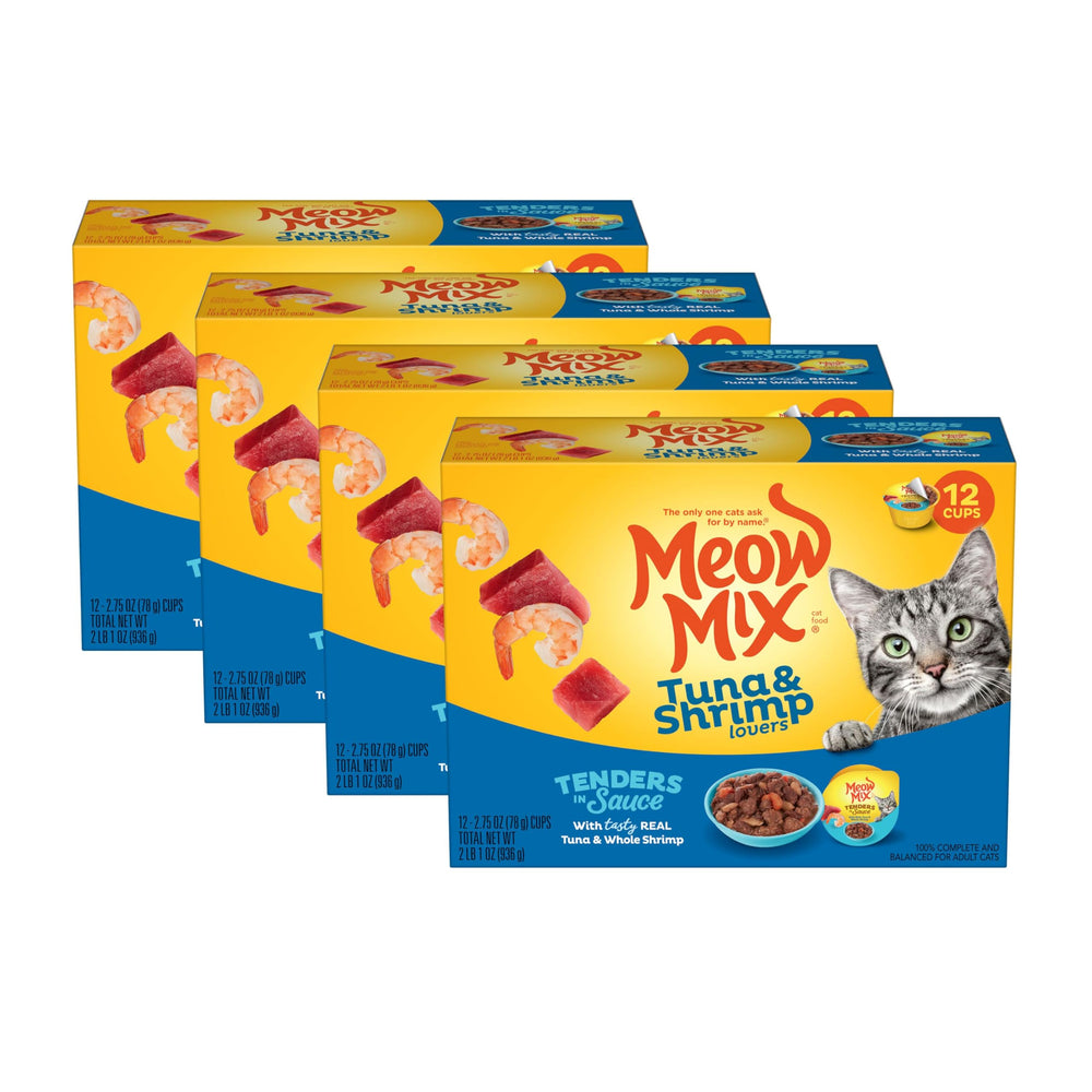 Meow Mix Tenders en Salsa con atún y camarones, sabor irresistible para gatos.