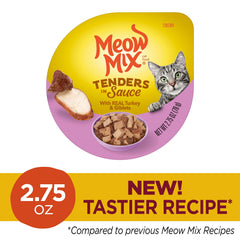 Meow Mix Tenders en Salsa, despojos en salsa, textura sabrosa para gusto exigente.
