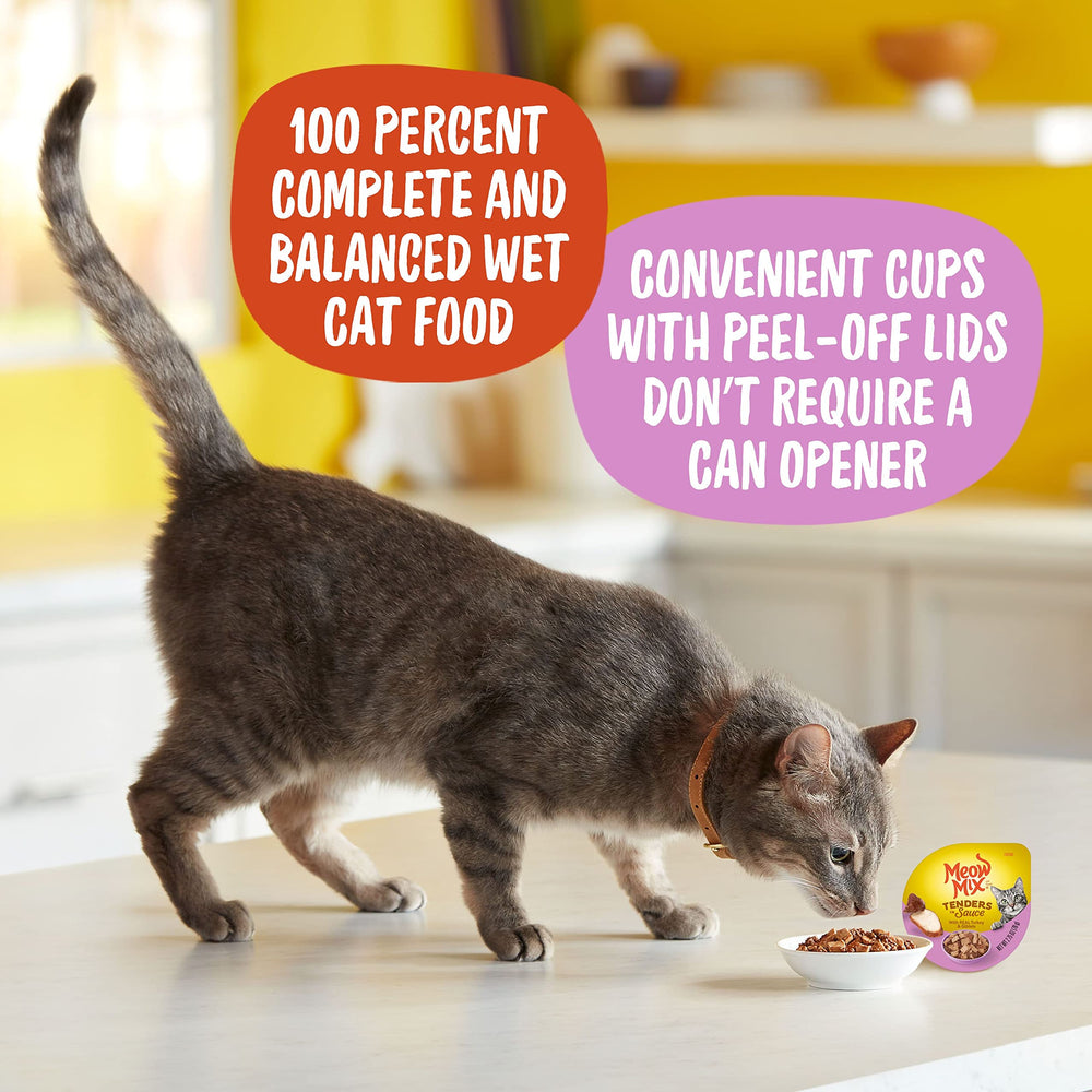 Meow Mix Tenders en Salsa, envase abrefácil para porciones rápidas.