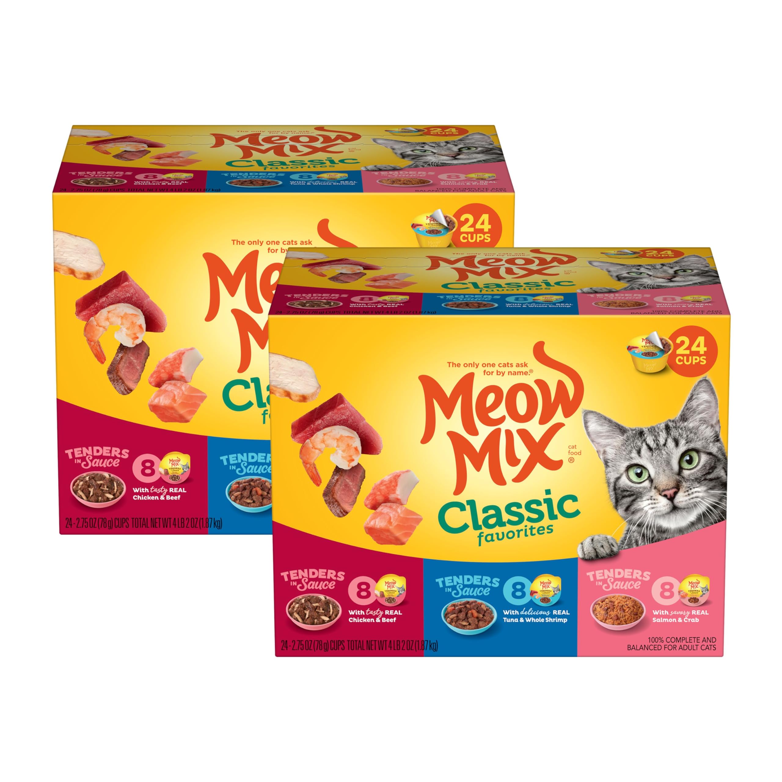 Meow Mix Tenders en Salsa con Atún y Camarones, taza individual para una comida práctica