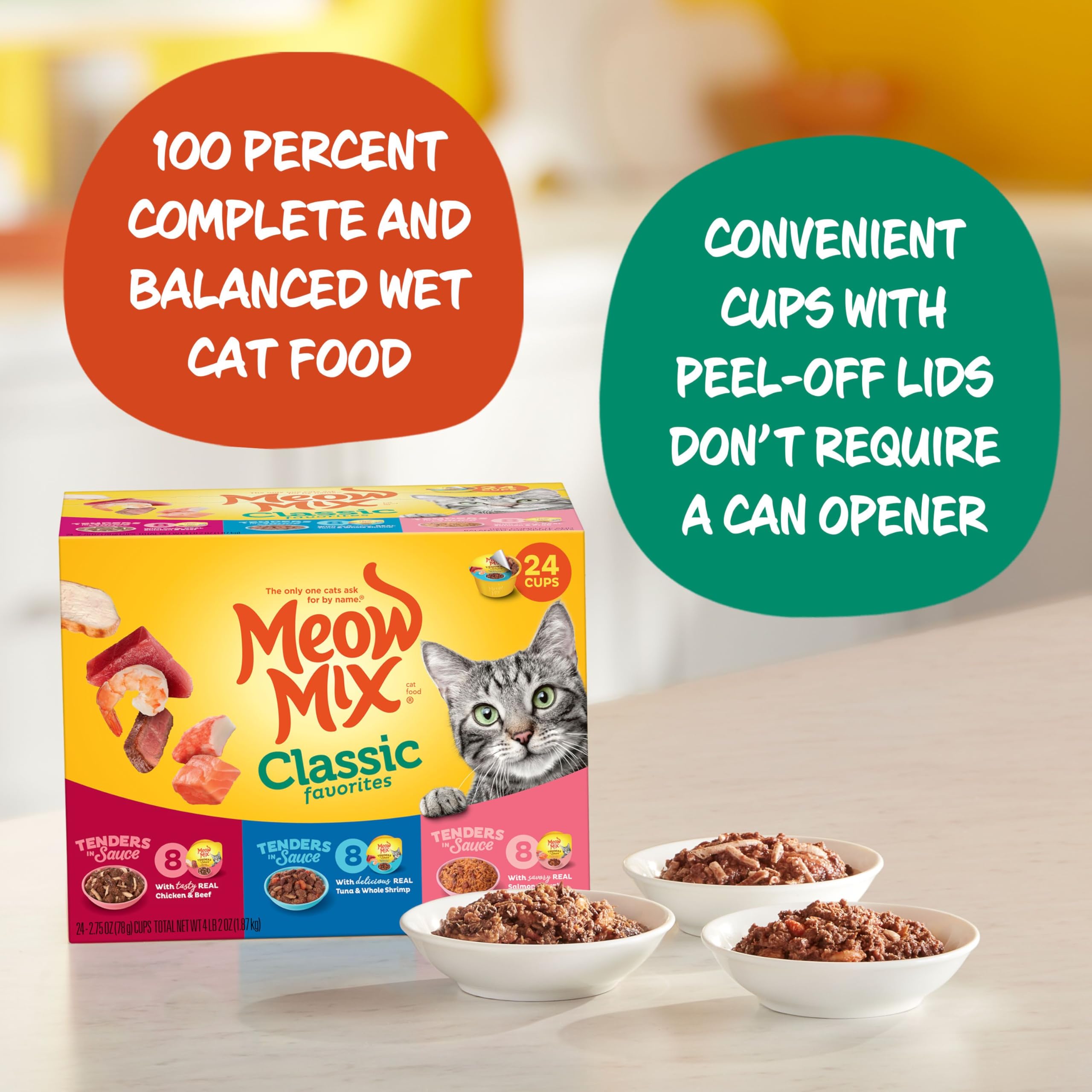 Meow Mix Tenders en Salsa Pollo y Res, taza lista para dar variedad cada comida