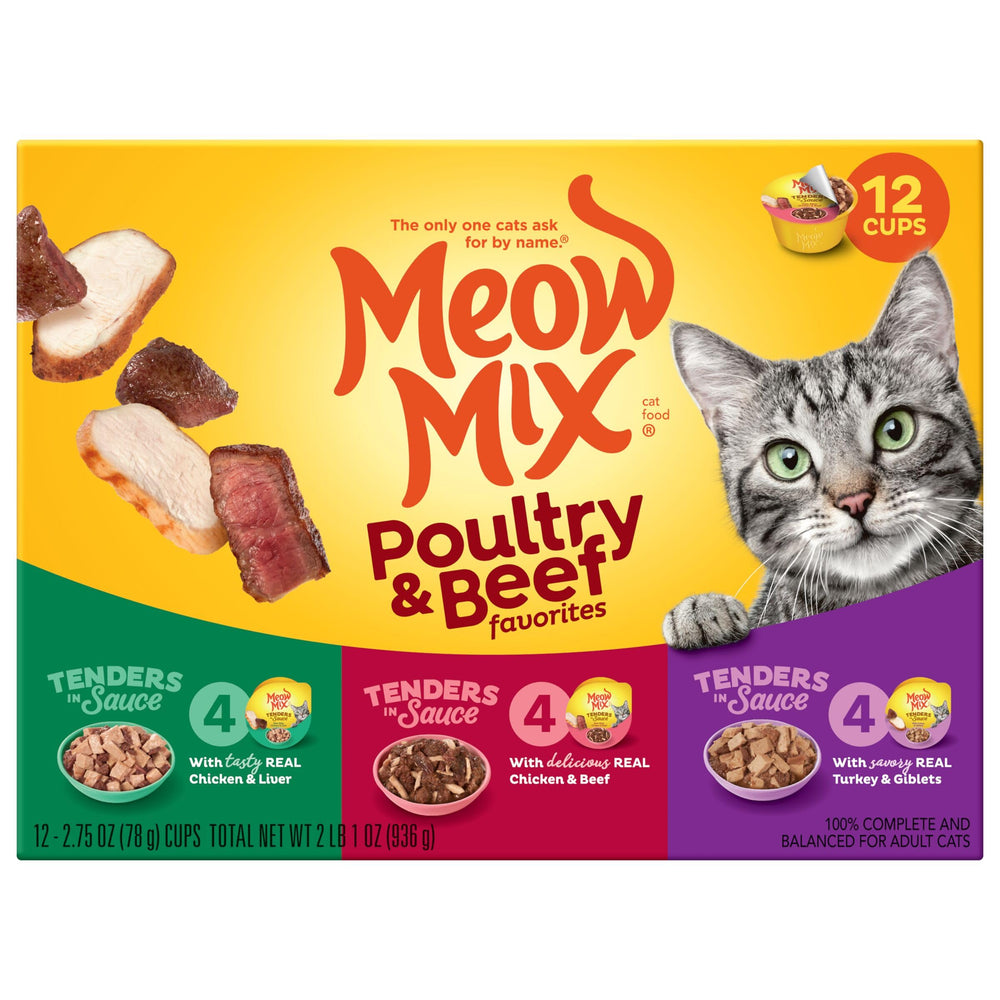Meow Mix Tenders envase individual para porciones controladas.