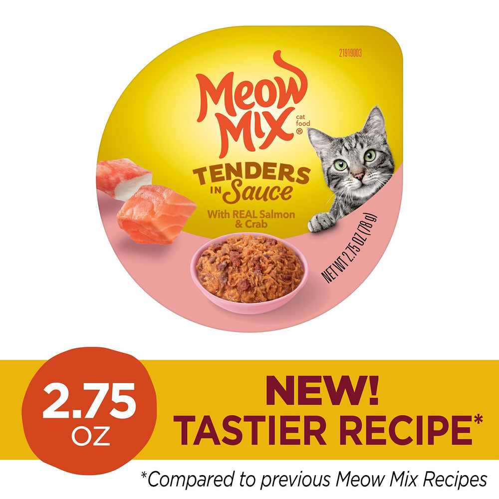 Meow Mix Tenders con tapa de pelar para abrir sin herramientas en taza.