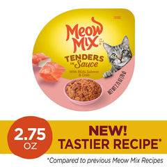 Meow Mix Tenders con tapa de pelar para abrir sin herramientas en taza.