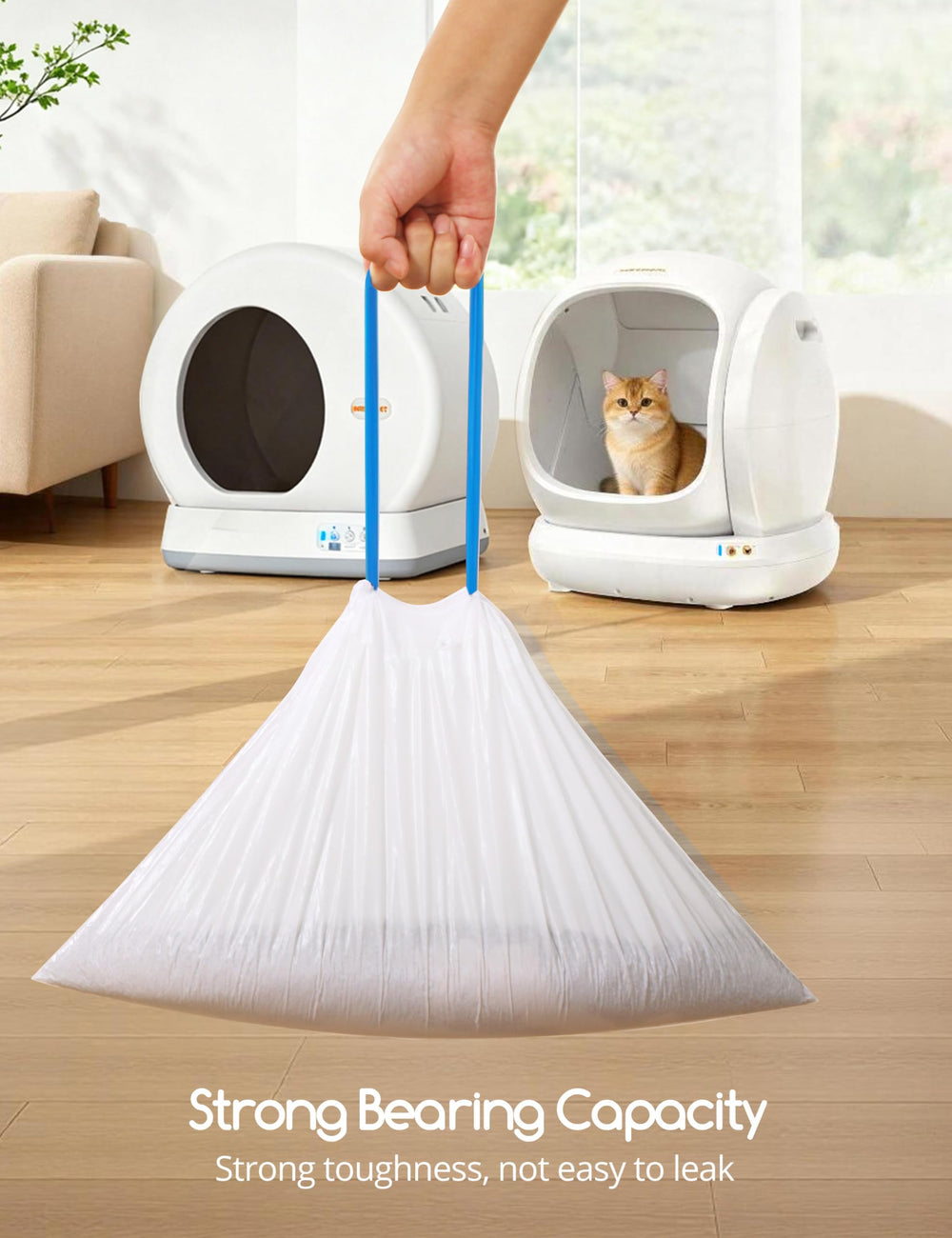 Bolsas Meowant con cierre de cordón para manejo limpio y sin fugas.