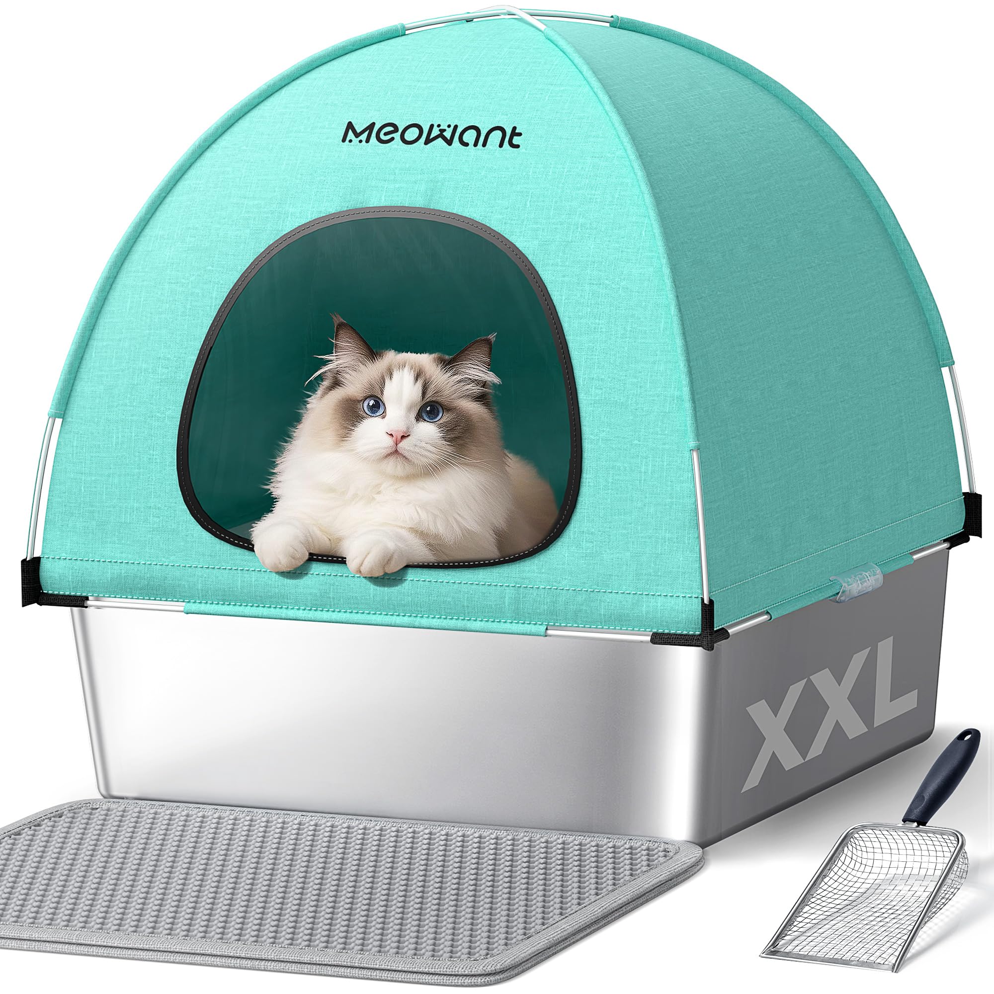 Caja Meowant de acero inoxidable con tapa, duradera y fácil de limpiar.