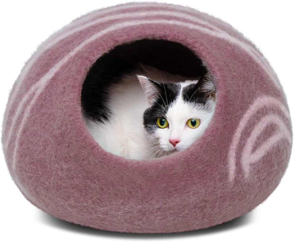MEOWFIA Cueva Gato – cueva de lana merino oro rosa, cálida para descansar.