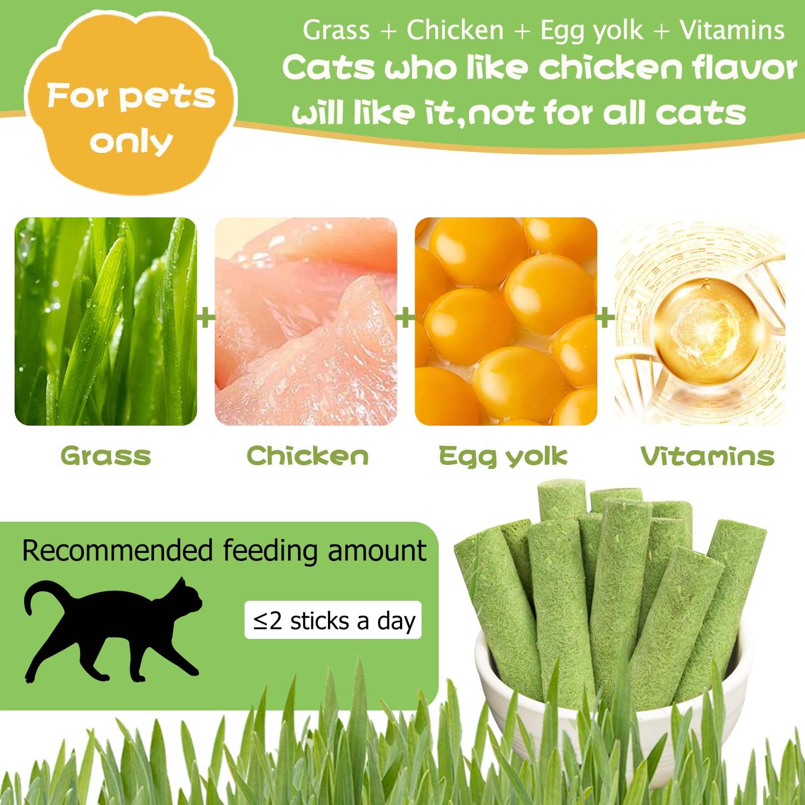 Detalle de empaque de Meowly palitos de hierba para gatos, sabor pollo.