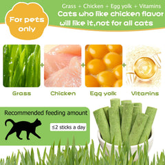 Detalle de empaque de Meowly palitos de hierba para gatos, sabor pollo.