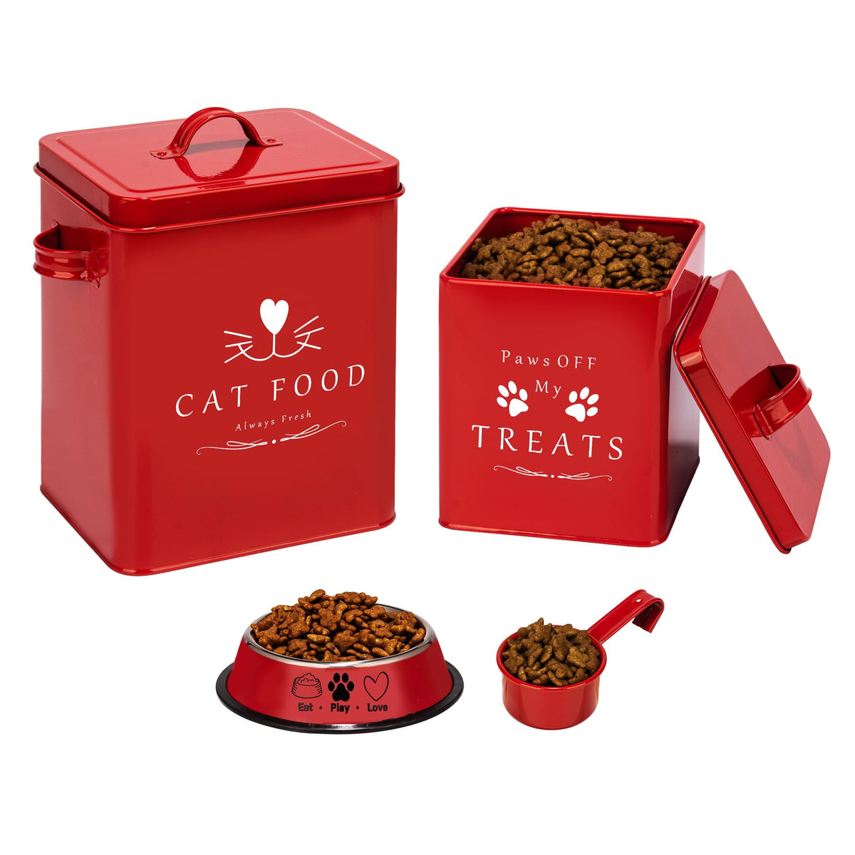 Meraki Home bote metalico para comida de gato con tapas laterales, frescura asegurada.