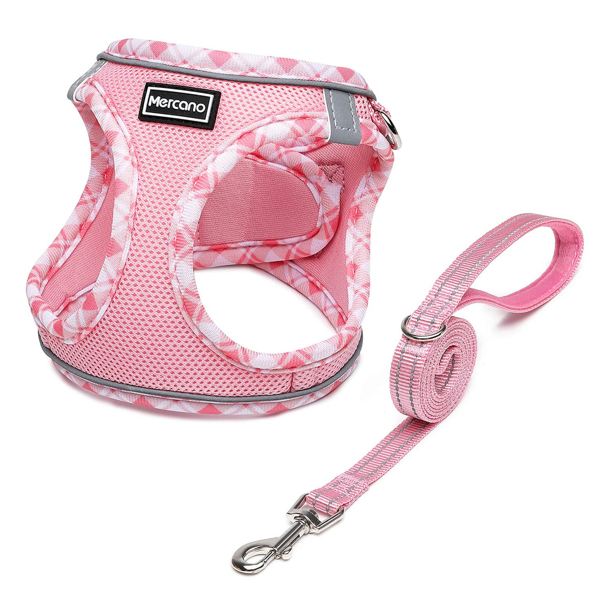 Mercano arnés malla suave para perros pequeños, visto de cuerpo completo para paseos cómodos.